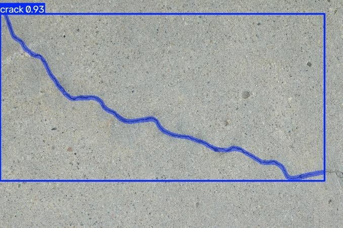 Hairline crack in concrete with the crack model's output: one crack, score 0.93
