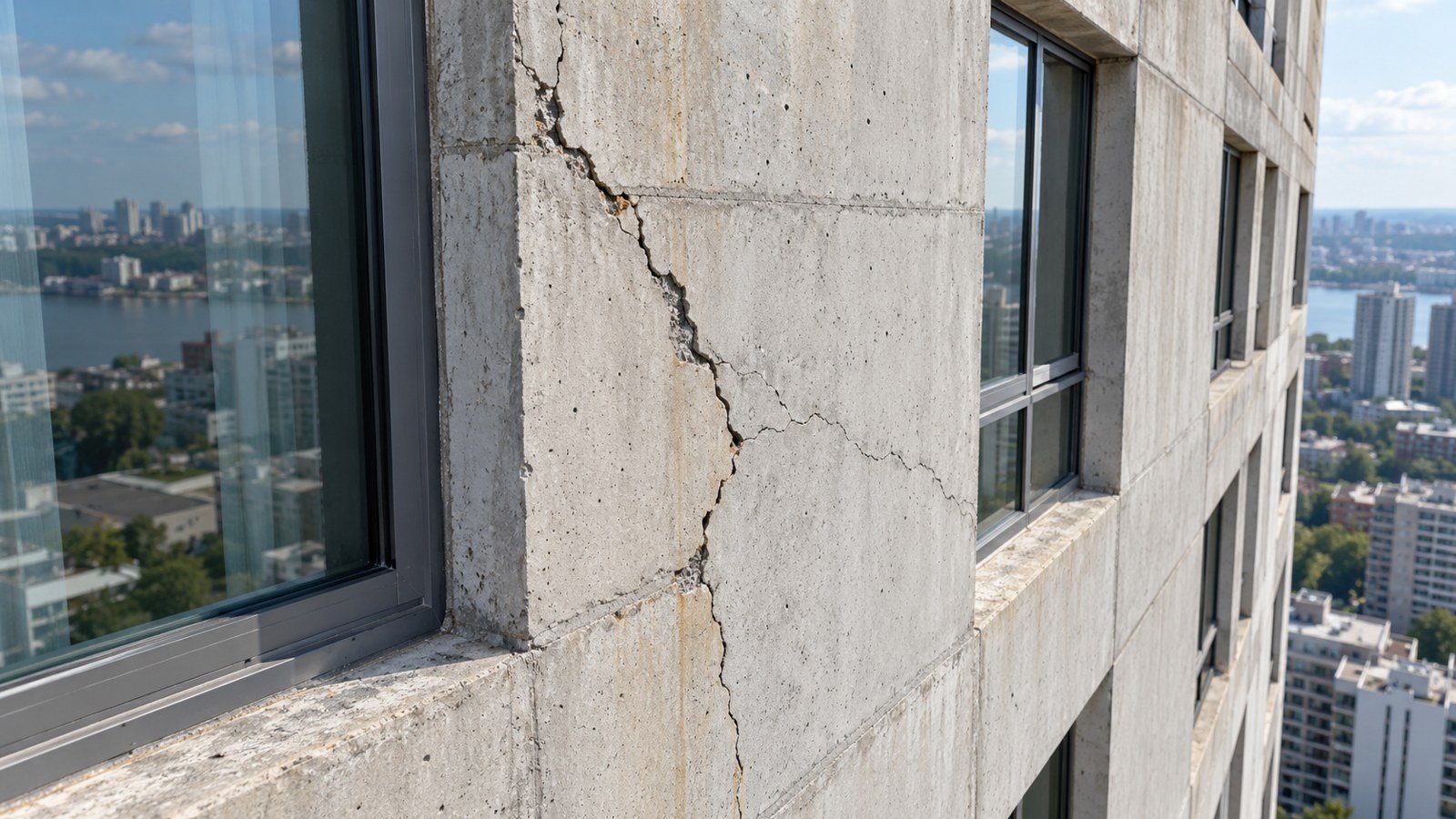 Illustrative drone camera view of a cracked concrete building facade