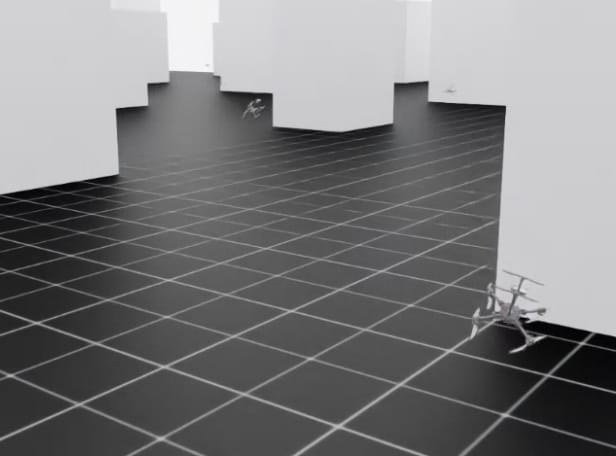 Simulated drone flying close to a white building wall
